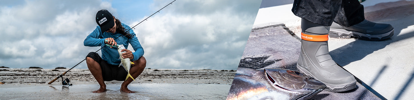 About Grundens. Person removing a hook from a fish on while fishing on the beach.